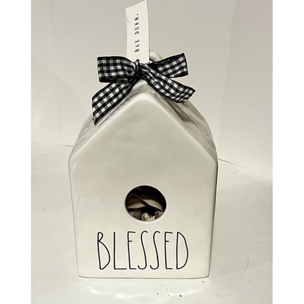 Rae Dunn Blessed House Shaped Birdhouse White With black Letters Plaid Bow
